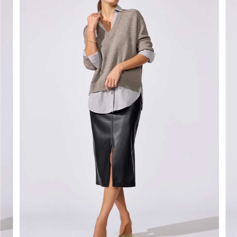 Brochu Walker Black Faux-Leather Midi Skirt with Center Slit